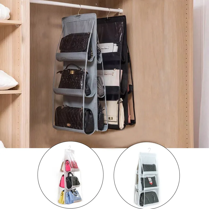 6 Pocket Hanging Handbag Organizer for Wardrobe Closet PVC Transparent Storage Bag Door Wall Clear Sundry Shoe Bag Wholesale