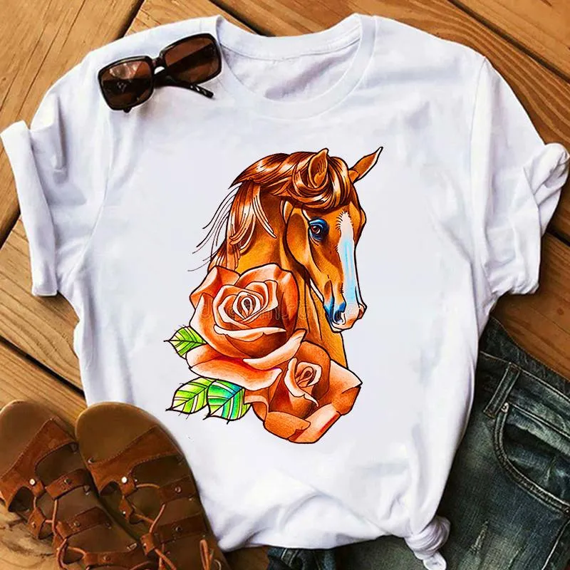 T-Shirt da donna Fashion Horse Head Flower Print Tshirt Donna Ulzzang Harajuku Manica corta Grunge Graphic Streetwear Tees Female