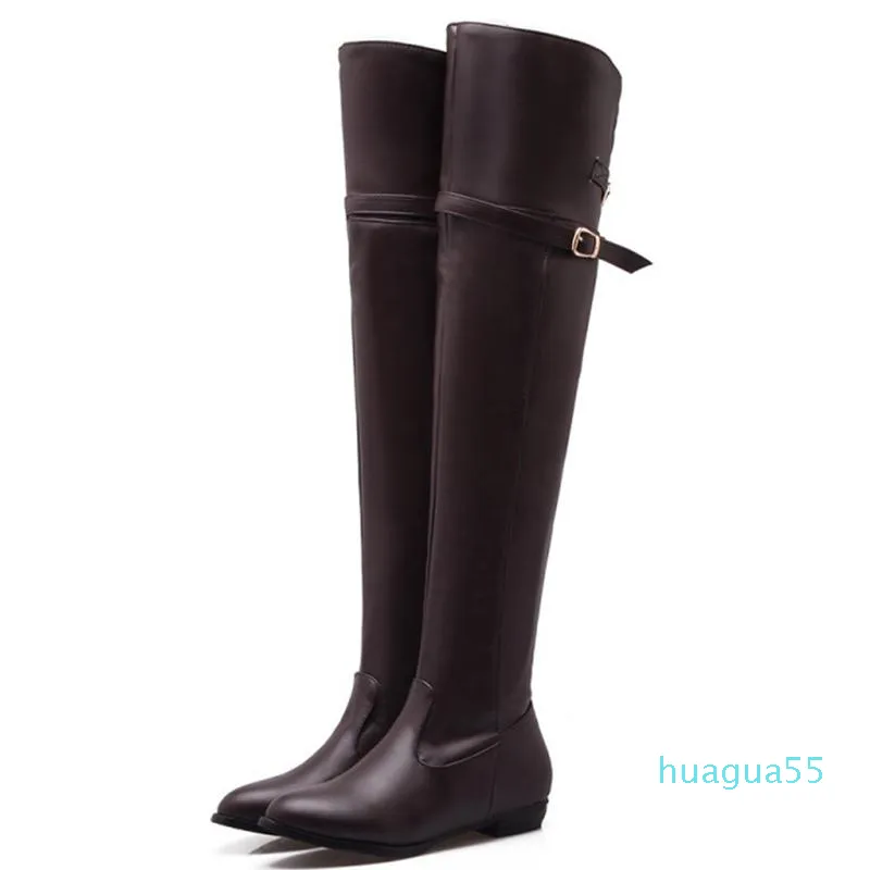 Boots Oversized Solid Color Long Knight Side Zip Low Heel Round Toe Double Row Belt Buckle Over The Knee