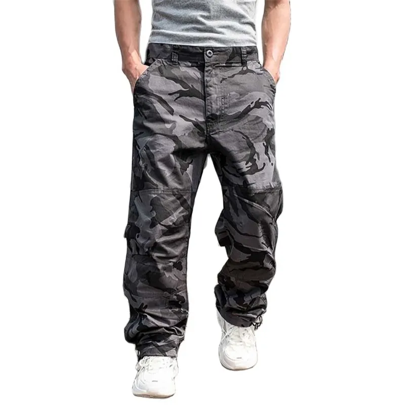 Pantaloni cargo mimetici da uomo Pantaloni stile militare militare casual Tasca laterale con cerniera tattica Pantaloni larghi larghi in cotone Plus Size 210723