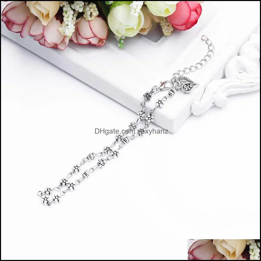 2021 Fashion Foot Chain Tibetan Silver Color Hollow Plum Flowers Heart-Shaped Anklet A Direct Sale