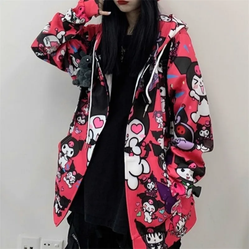 Houzhou Kuromi 스웨트 가을 패션 여성 Kawaii Anime Hoodie 빈티지 긴 소매 귀여운 풀 오버 여성 블랙 핑크 숙녀 톱 201127