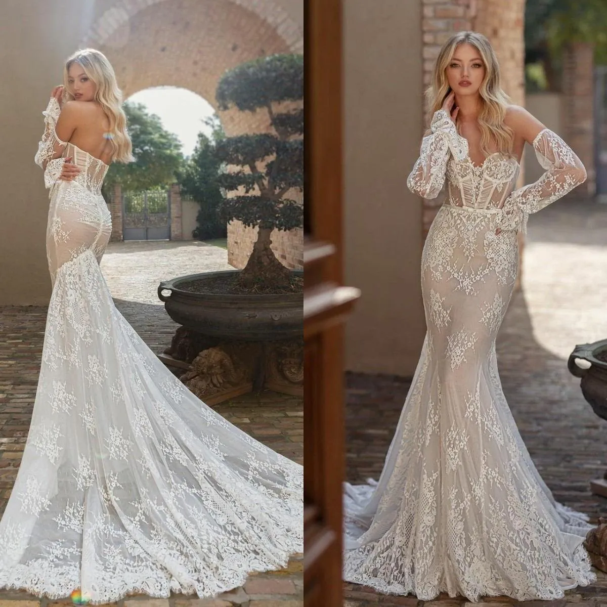 Berta Illusion Abiti da sposa a sirena con maniche lunghe staccabili Corsetto in pizzo Indietro Abiti da sposa Backless Bohemian Robes de mari￩e