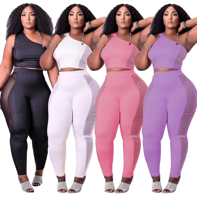 Roupas de verão Mulheres roupas sólidas tracksuits camisa de colete sem mangas + calças sheer malha dois pedaço conjunto casual preto sportswear plus size 2xl sweatsuits 5602