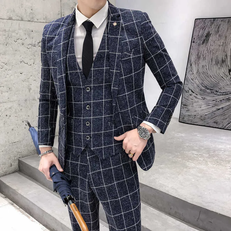 (Kurtka + kamizelka + spodnie) Męska Moda Boutique Plaid Formalny Garnitur Business Slim Plaid Ślubny Garnitur Beżowy Szary Czarny Blue X0909