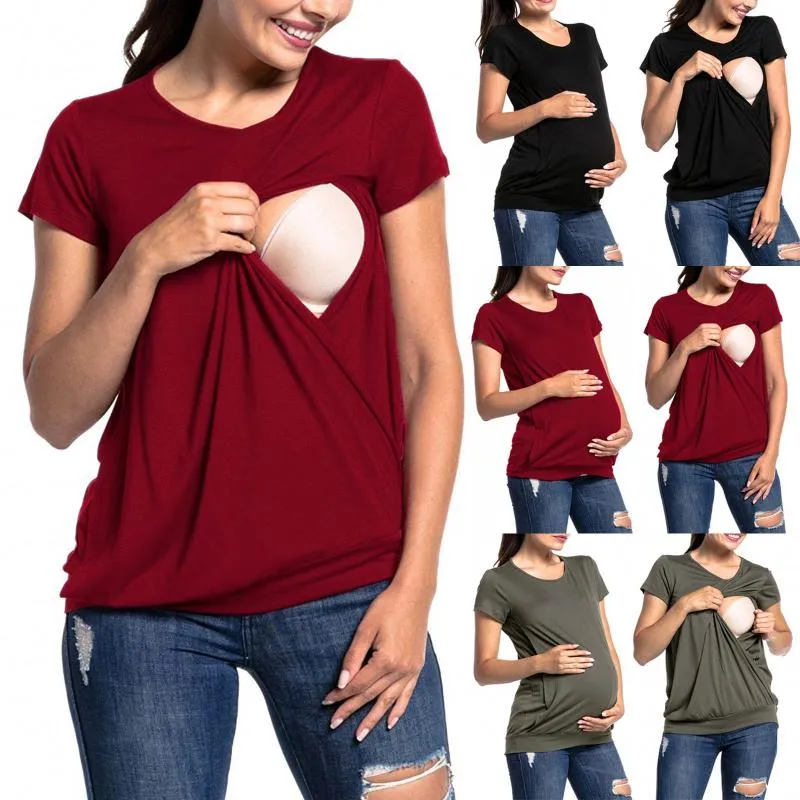 T-Shirt da donna Maternità Magliette e camicette Moda Donna Solid Manica corta Allattamento Donna incinta Vestiti Camisetas De Mujer