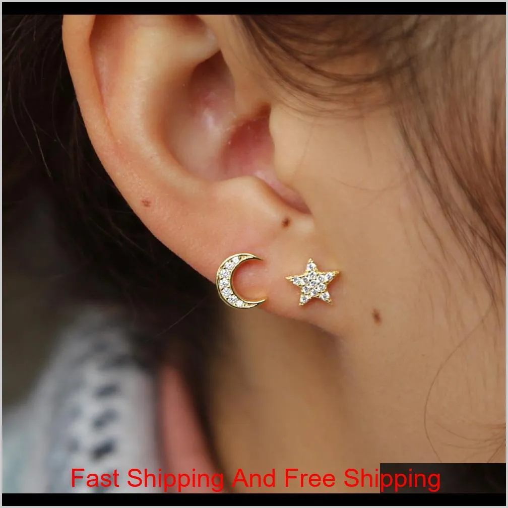 vermeil 925 sterling silver tiny cute moon star stud earring for girl christmas gift sweet crwon ear cuff dainty jewelry