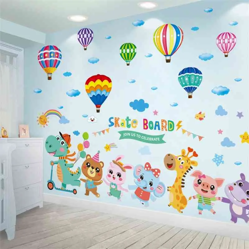 Cartoon Animal Wall Stickers - DIY Dinosaur & Air Balloon Decals for ...
