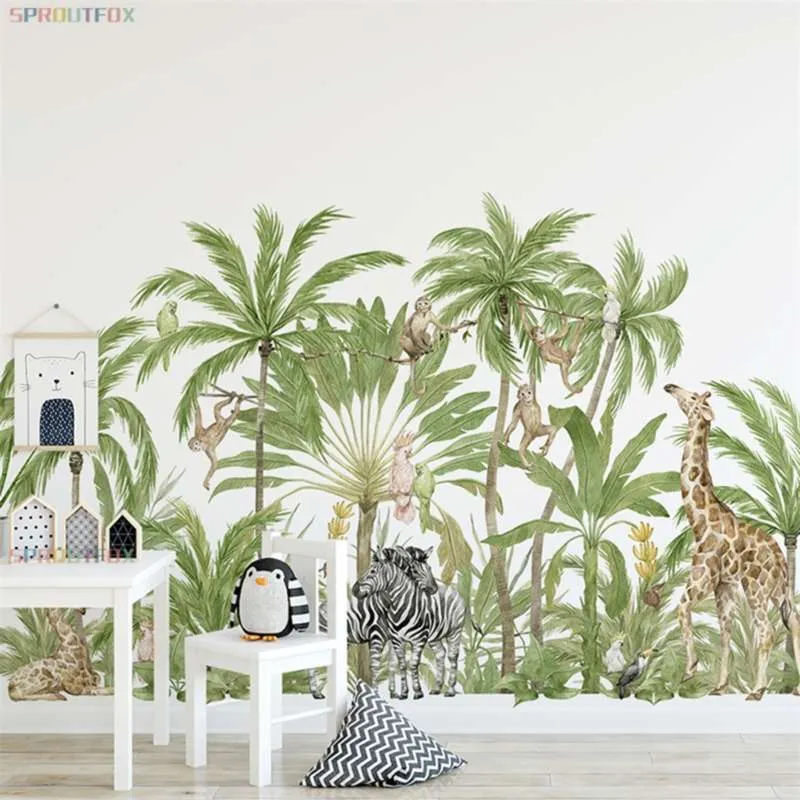 Large Animal Giraffe Zebra Monkey Wall Stickers for Kids Rooms Forest Animal Palm Tree Home Decals Nursery Wallpaper Decoration 210929