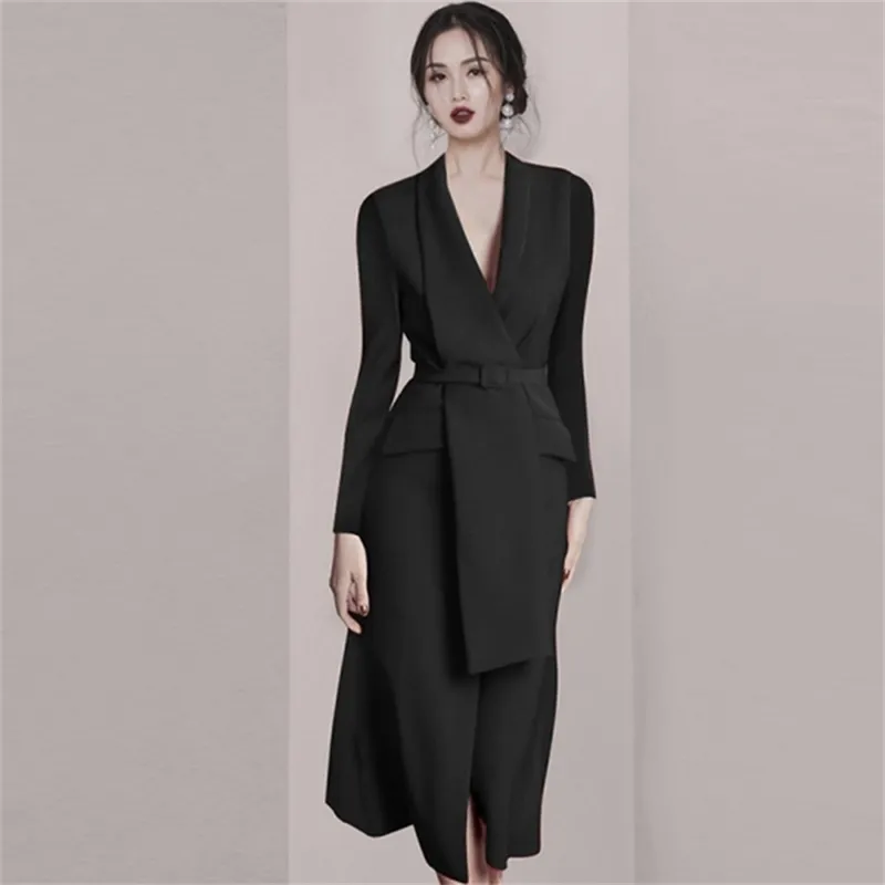 Sexy Chic Blazer elegante con scollo a V a maniche lunghe con fasce e fibbia Red Office Lady Women Business Midi Dress 210603