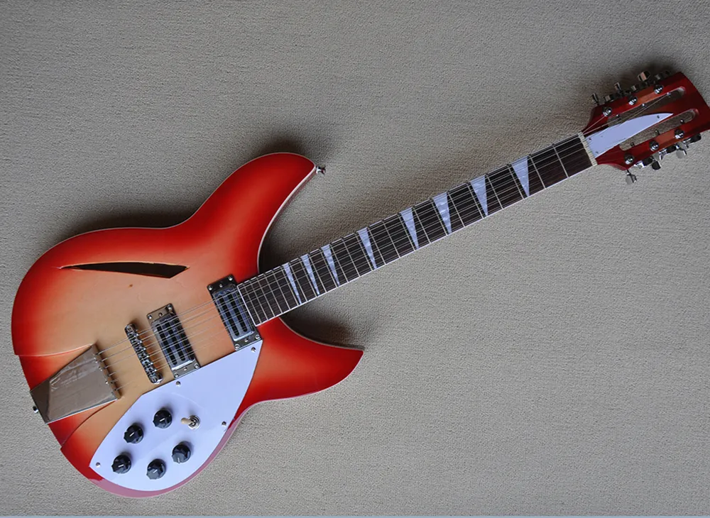 12-saitige kirschrote halbhohle E-Gitarre mit weißem Schlagbrett und Palisandergriffbrett