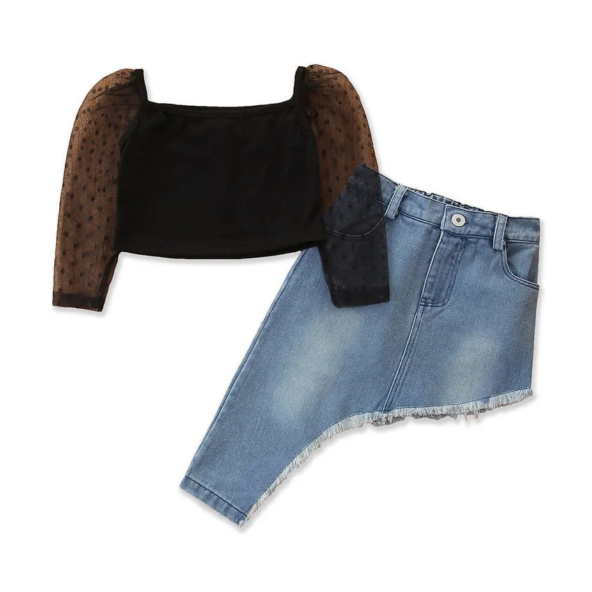 Black Polka Dot Lace Sleeve Crop Top And Irregular Denim Skirt Set