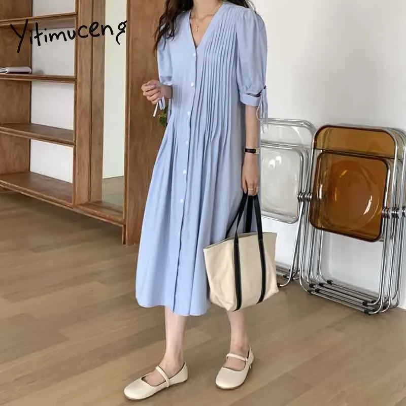 Yitimuceng Midi Dresses for Women Ruched Lace Up Puff Sleeve High Waist Unicolor White Blue Sundress Summer Fashion Dress 210601