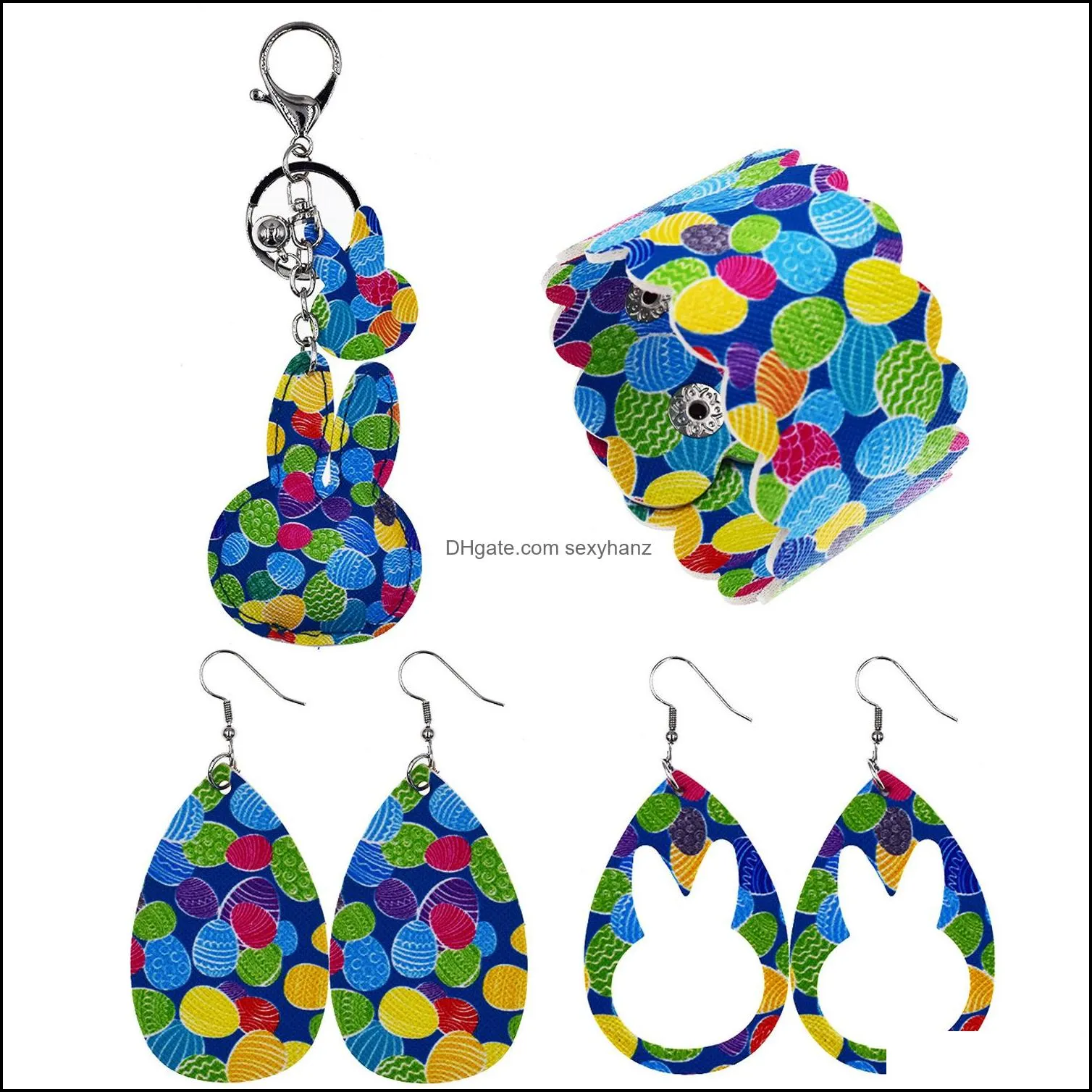 4pcs Easter PU Leather Jewelry Set Earrings Bracelet and Keychain With Rabbit Shape and Pattern For Girls Gift GWB11973