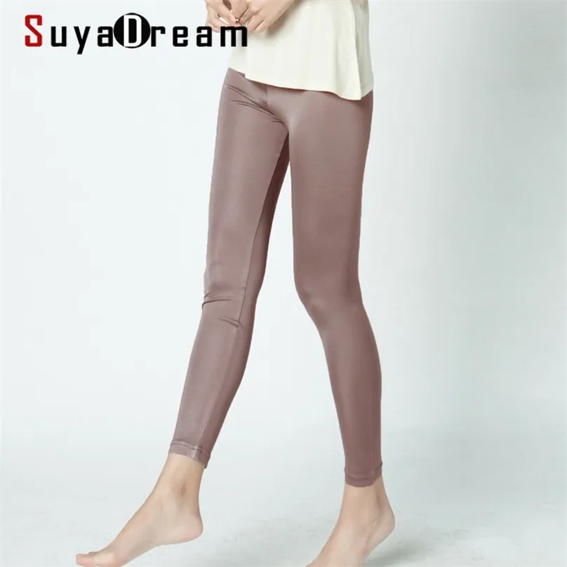 Suyasream soie femmes longues leggings solide mince pleine longueur de base plus taille anti vidé pantalon de fond 211019