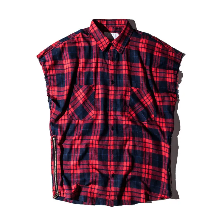 Mode Märke Plaid Shirt Men Hip Hop Ärmlös T-shirts Mens Side Zipper ShirtCamisa Masculina Swag Plus Storlek