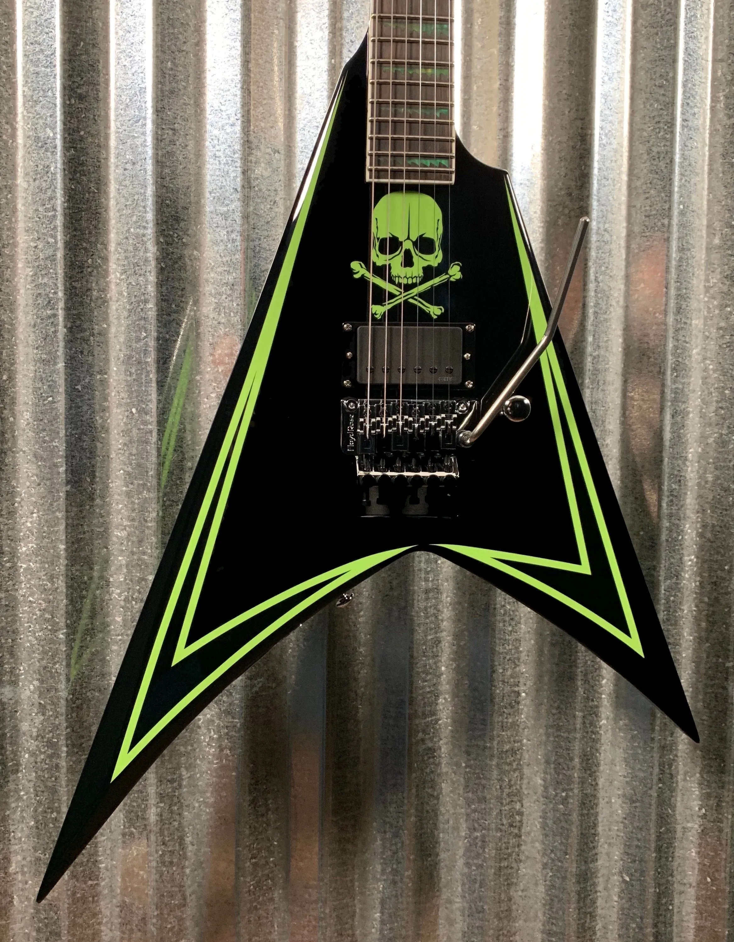 LEXI600GREENY Alexi Laiho Green Sawtooth Flying V Rogue Rocketeer Electric Guitar With Scalloped Fingerboard Floyd Rose Tremolo Bridge EMG Pickup And Chrome Hardware 20 24 Model From Custom shop 126.1...