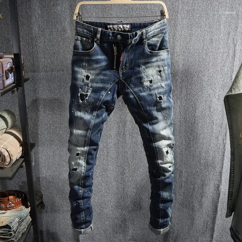 Mäns jeans italiensk stil mode män retro mörkblå splitsad designer förstörda rippade biker byxor streetwear hip hop1