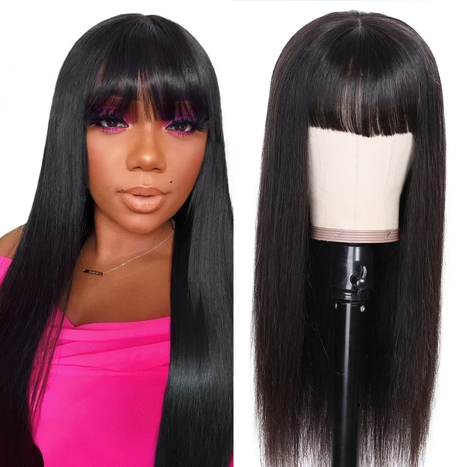 Máquina peruana fez perucas de cabelo humano retas com franja 150% Remy Hairless Wig para mulheres