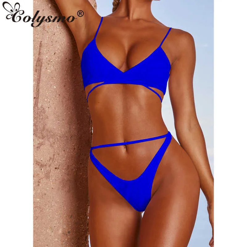 Colysmo 2 Sztuka Bikini Zestaw Regulowane Paski Wiązanie High Waist Swimsuit Kobiety Plaża Wakacje Sexy Kostium Kąpielowy Stroje kąpielowe 210527