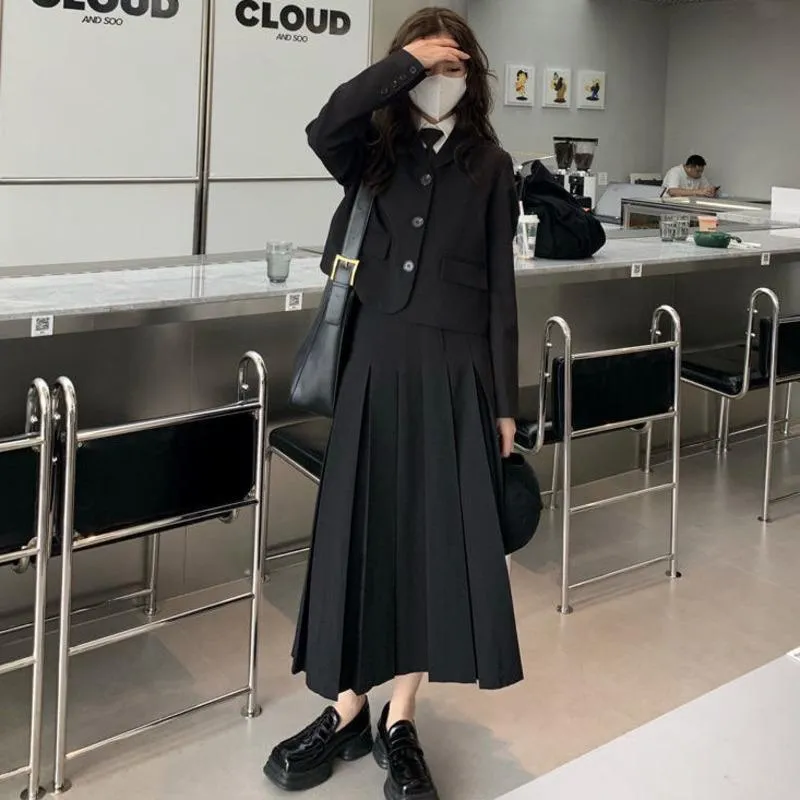 Robes de travail femmes couleur unie à manches longues Blazer ou taille haute a-ligne jupe costume collège Style coréen élégant Chic rétro