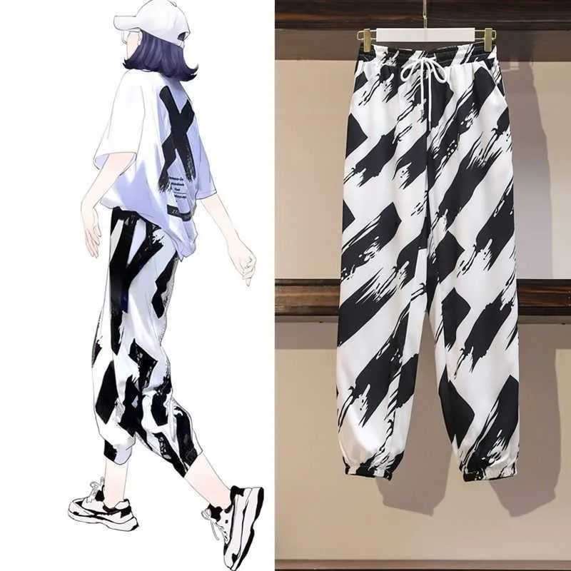 Baggy Harem Pants High Waist Drawstring Black White Print Thin Loose Casual Streetwear Women's Summer Capri Pants Q0801