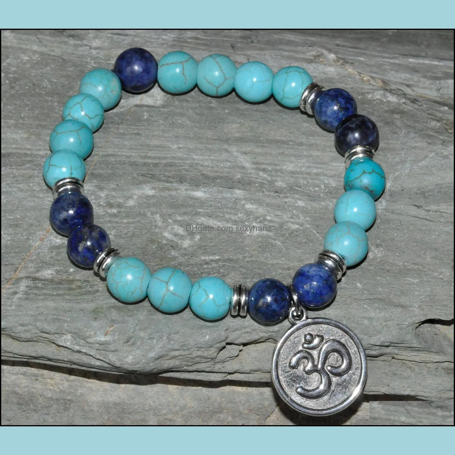 Om yoga,confidence bracelet,mala ,turquoise sodalite gemstone ,throat chakra balance