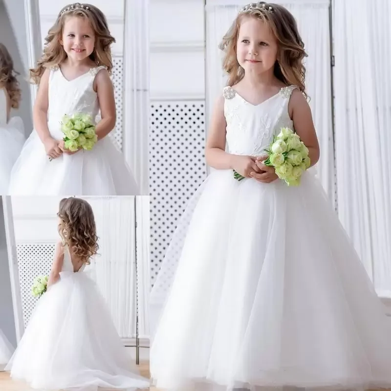 Koronka Koronki Koronki Kwiat Kwiat Girl Sukienki na Wesele Zroszony Toddler Backless Pagewne Suknie Tulle Appliqued Sweep Pociąg Kids Prom Dress