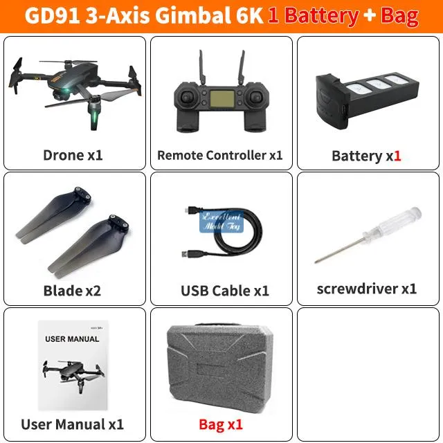 GD91 MAX Drone 3 axes Gimble Anti-shake, caméra 5G 6K Zoom 50x, moteur sans balais, GPS Smart Follow, distance RC 1,2 km, temps de vol de 25 minutes, 2-2