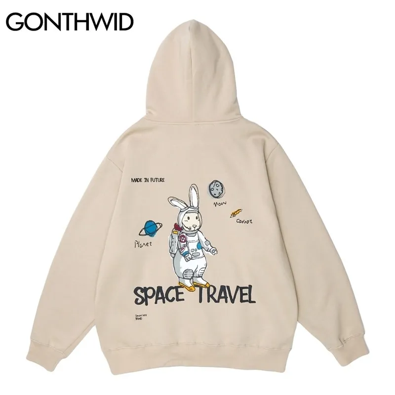 Gonthwid кролик астронавт печатает толстовки толстовки уличная одежда хип-хоп Harajuku повседневная пуловер с капюшоном пуловер мужчин женские моды вершины 201113
