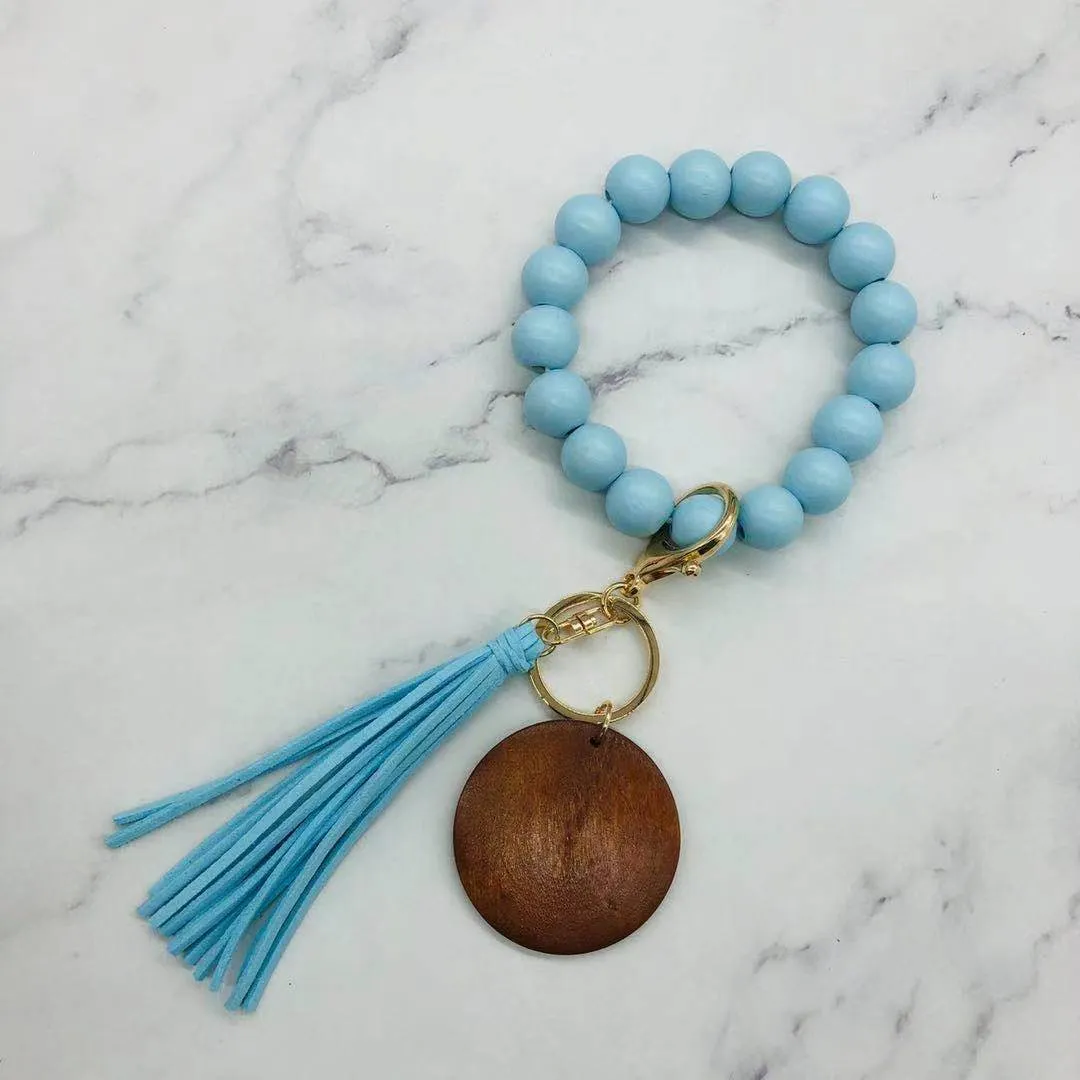 Fashion beaded tassels keychain party favor wooden bead keychain with personalized disc bracelet key ring wristlet women wrist strap