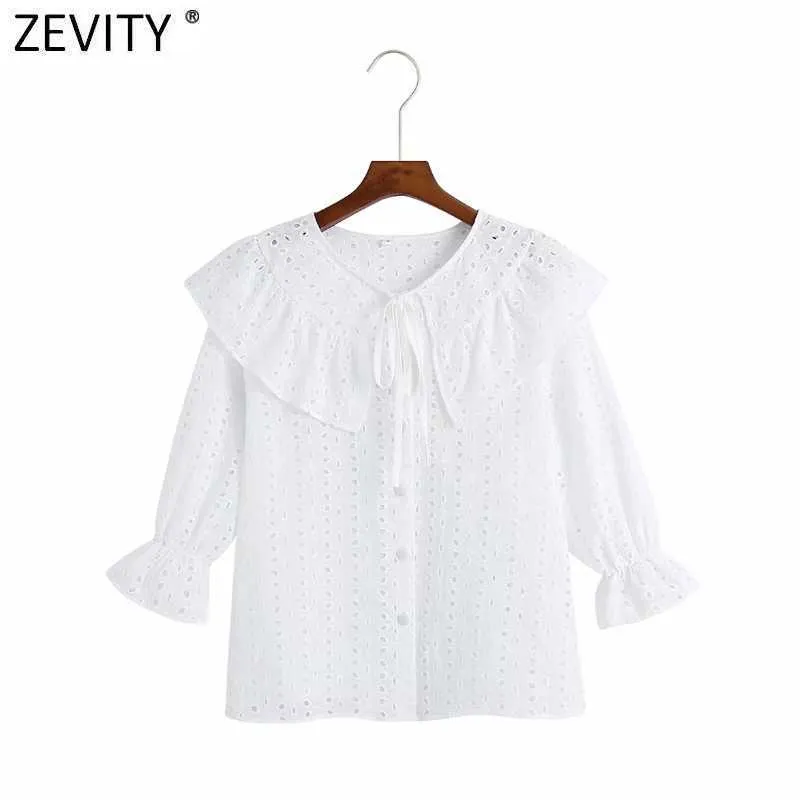 Zevity Kobiety Sweet Hollow Out Haft Białe Ruffles Smock Bluzka Kobieta Peter Pan Kołnierz Koronki Koszulki Chic Blusas Topy LS9266 210603