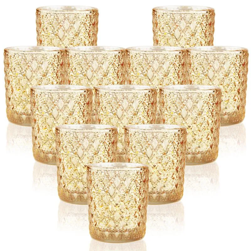 Candle Holders Gold Embossed Cup-Shaped Glass Candlestick Empty Cup Decoration Gift Set 12-Piece