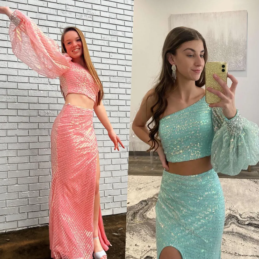 Two Pieces Prom Dresses 2k22 with One Puff Sleeve High Slit Long Met Gala Pageant Gowns Beaded Sequins Evening Wedding Formal Evening Party Dress Hoco Coral Aqua