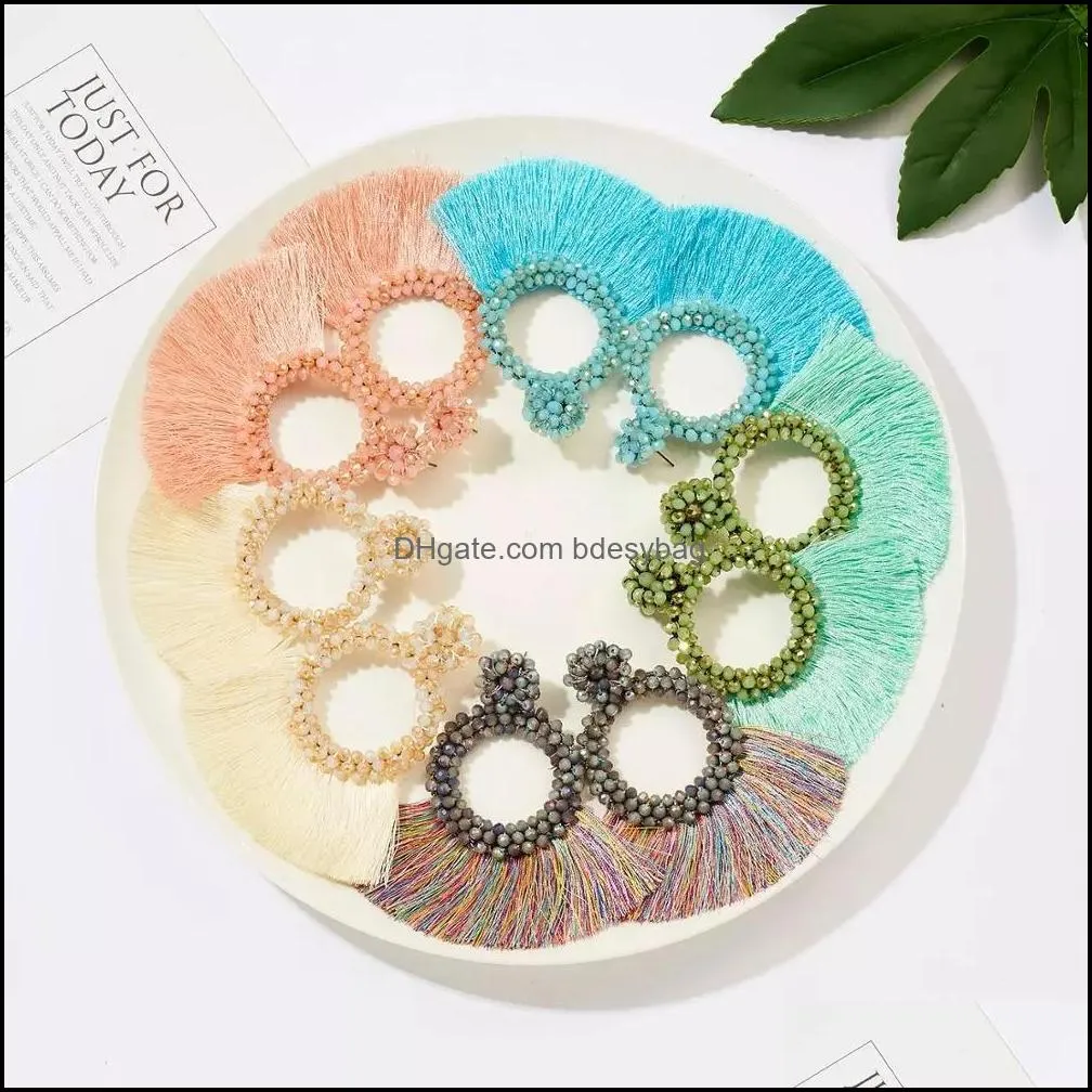 Colorful Crystal Tassel Earrings Charm Earings Geometric Circle Round Handmade Fringe Earring Bohemian Jewelry Wedding Bridal