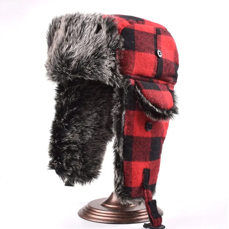 Unisex Plaid Aviator Trapper Ski Trapper Hat Mens With Earflaps Classic Winter Russian Style