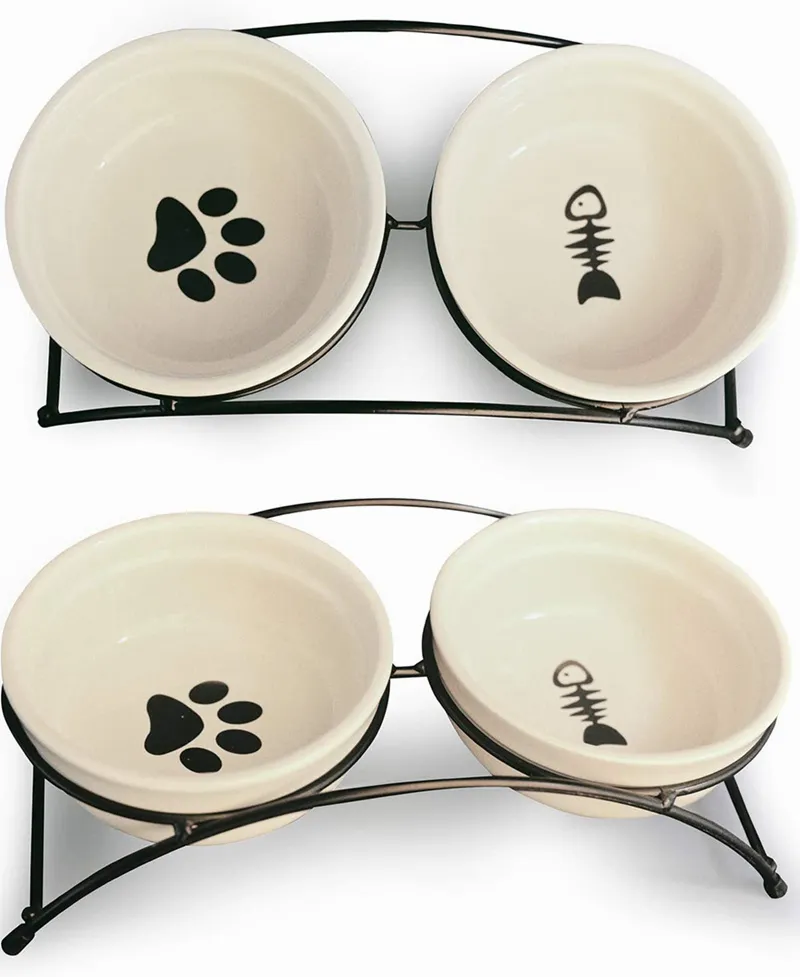 Cat Pet Personalized Feeder Double Ceramic Cat Dog Bowl Dishes Elevated Food Water Bowls Metal Raised Antiskid StandBeige2 Bowls