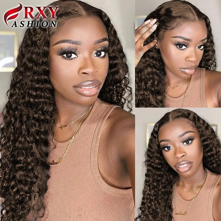 Długi Kinky Curly Brazylijski Ludzki Włosy Wig Dark Brown Deep Wave Lace Front Syntetyczne Peruki Dla African American Women