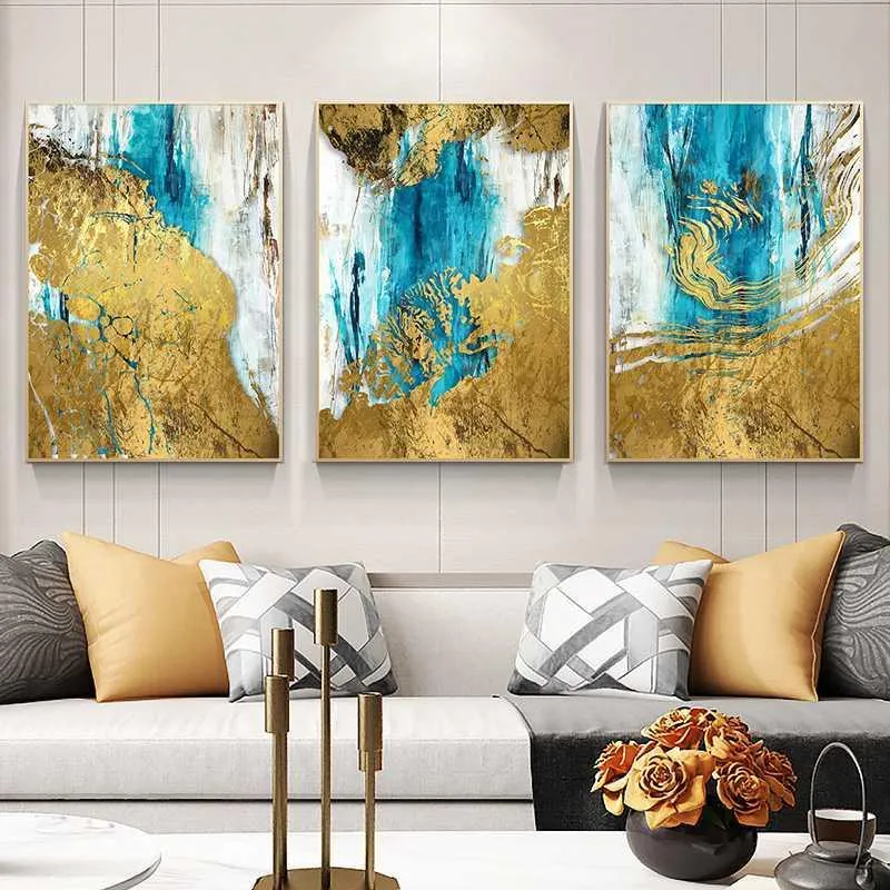 Modern Abstract Canvas Wall Art: Blue And Gold Framed Painting For ...