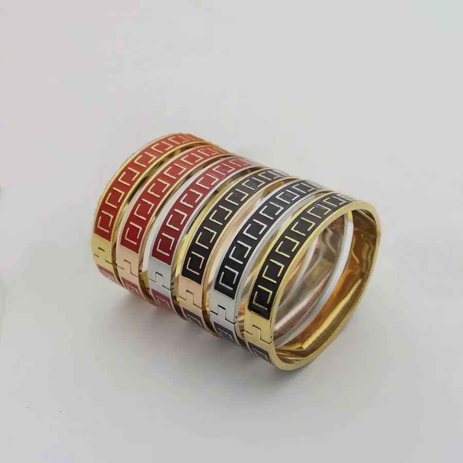 Europe America Fashion Brand Jewelry Lady Women Stainless steel Black Red Enamel Engraved Letter 18K Gold Bangle Bracelet 3 Color