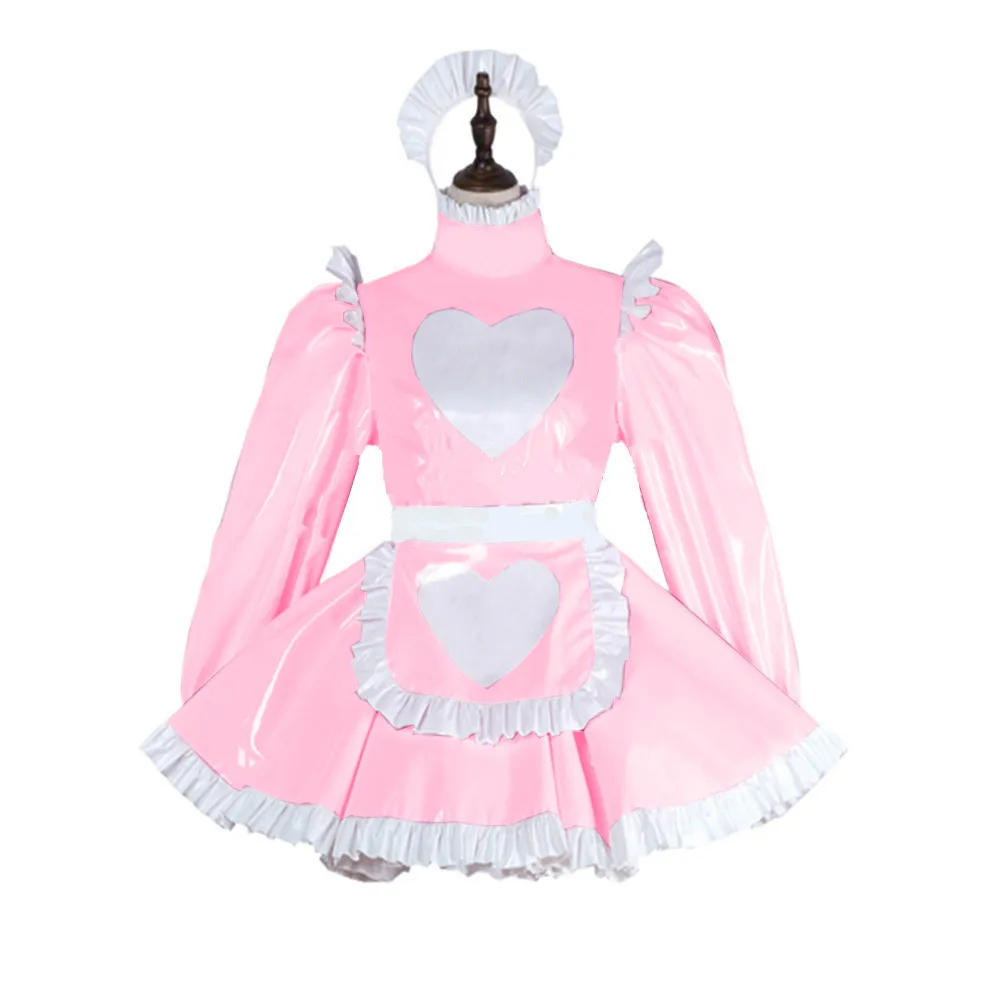 Plus Size Damen Langarm A-Linie Minikleid Süßes Dienstmädchen Plisseekleid Haushälterin Cosplay Kostüm mit Herzmuster Schürze