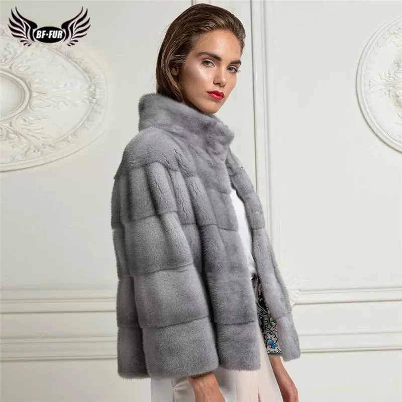 Kvinnors Fur Faux Bffur 2021 Vinter Kvinnor Naturliga Real Mink Coats Stand Collar Fashion Luxury Overroats Korta Pelt Jackor Äkta