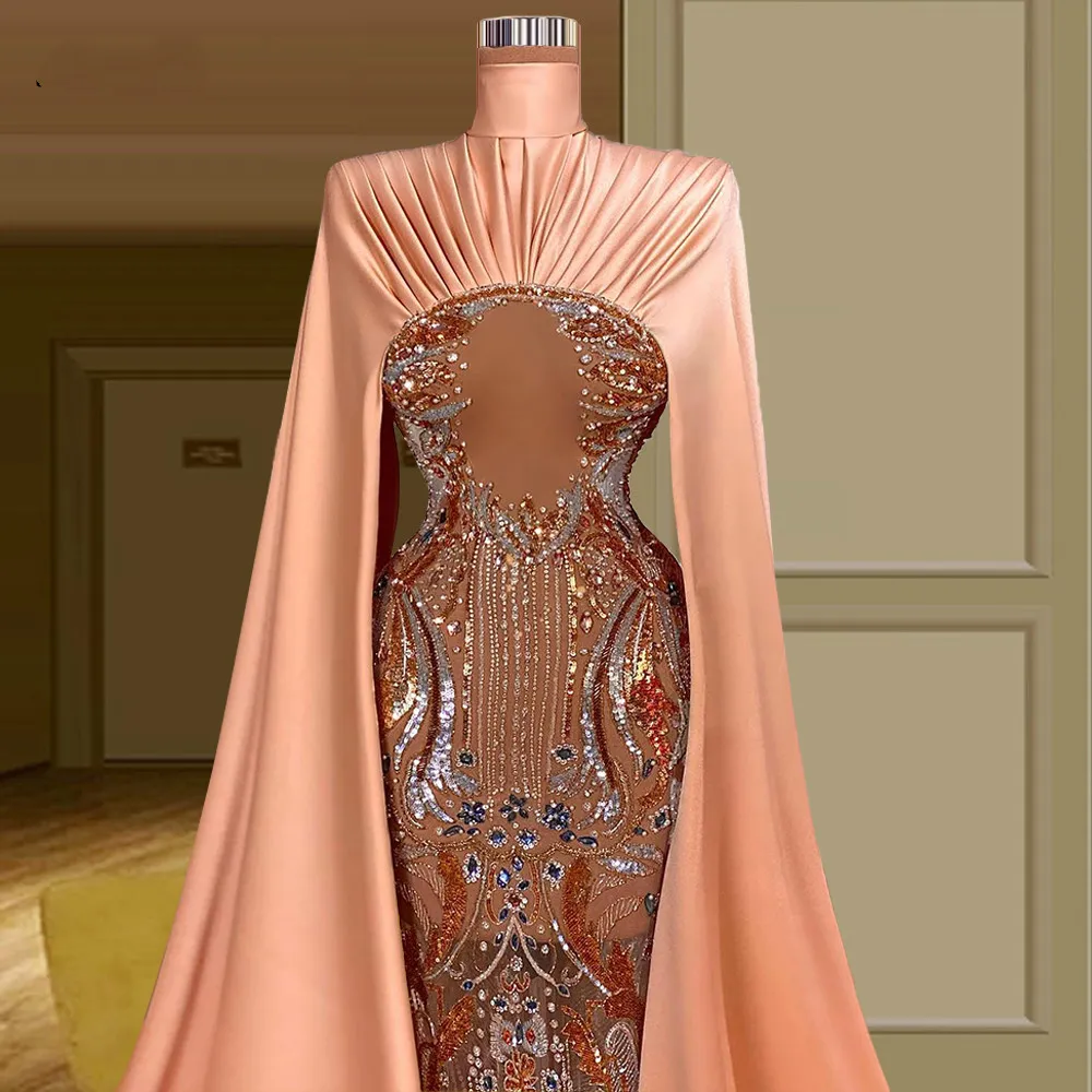 Turkish Couture Muslim Illusion Celebrity Dress with Long Beads for Women - Arabic pink evening gowns for Party and Photography Turkish Couture Muslim Illusion Celebrity Dress with Long Beads for Women - Arabic pink evening gowns for Party and Photography