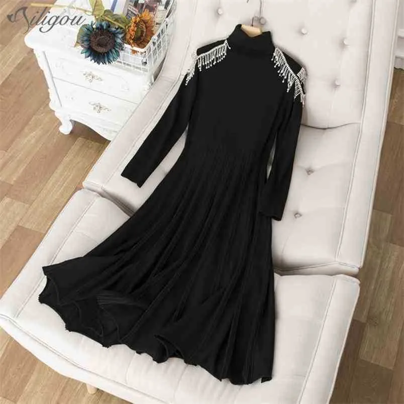 Haute qualité femmes robe noir Stretch cristal diamant col à manches longues Sexy a-ligne plissé Vestidos 210525