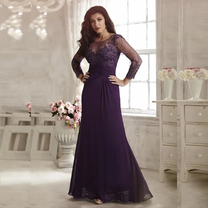 Purple Long Sleeves Lace Mother of the Bride Dresses Appliques Floor Length Scoop Neck Chiffon Evening Prom Gowns