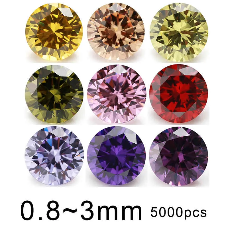 5000 stks 5A 0.8-3mm ronde vorm kleur losse cubic zirconia cz steen, roze, granaat rood, zwart, paars, olijf geel