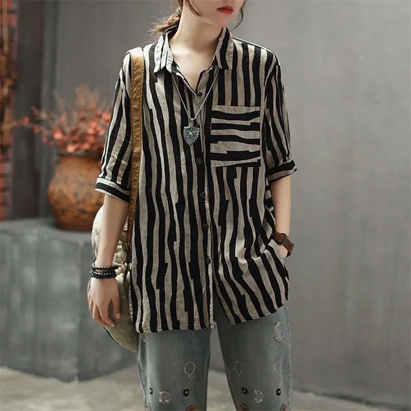 Vintage Striped Linen Cotton Blouse Online For Plus Size Women Loose Fit  Summer Top With Turn Down Collar F&Je D2 210225 From Mu03, $17.07
