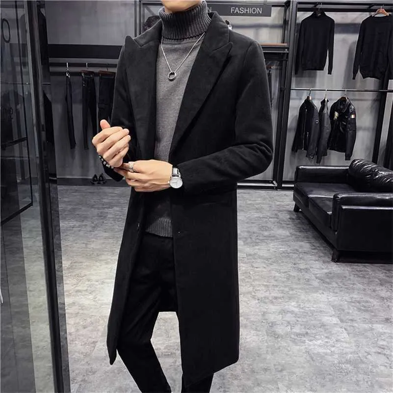 Wełna długi płaszcz Mężczyźni Koreański Styl Moda Woolen Winter Coatsturn Down Collar Długi Wełniany Płaszcz i Kurtka Pojedyncza Płaszcz Biersed 211122