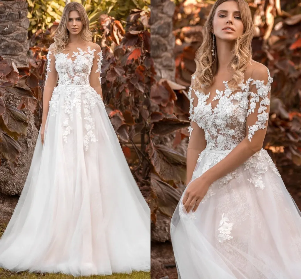 Bohemian Boho Sleeves Bröllopsklänning Elfenben Blush Light 3D Lace Flower Tulle Kjol Half Sleeve Broderade Illusion Bridal Gowns 2022 Vestido de Novia Robe Mariee