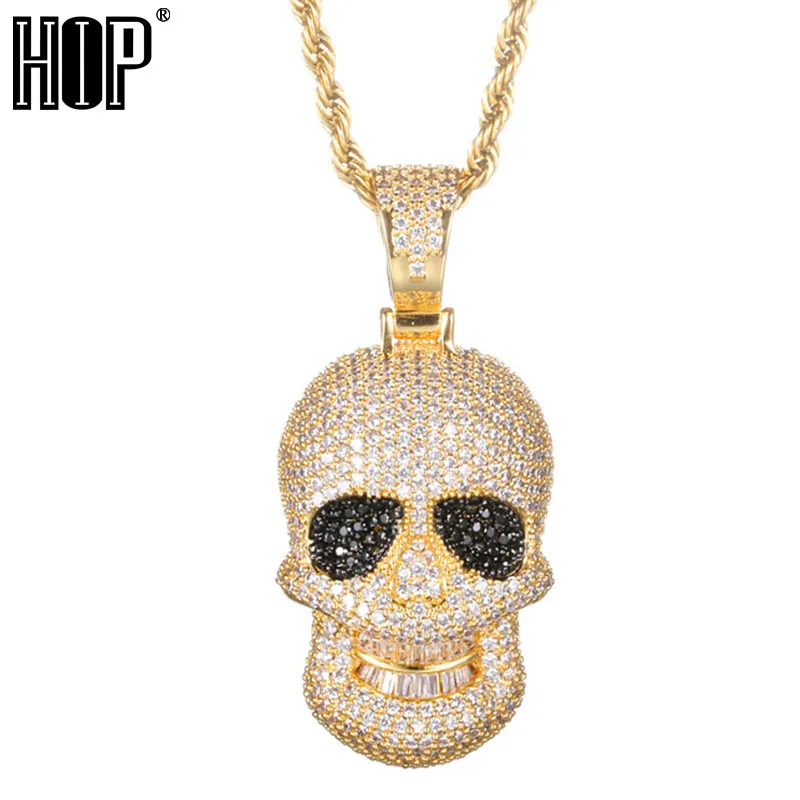 Hip Hop Iced Out Bling Cubic Zirconia Skull Baguette Halsband Pendants För Män Kvinnor Rapper Smycken Med Solid Tillbaka